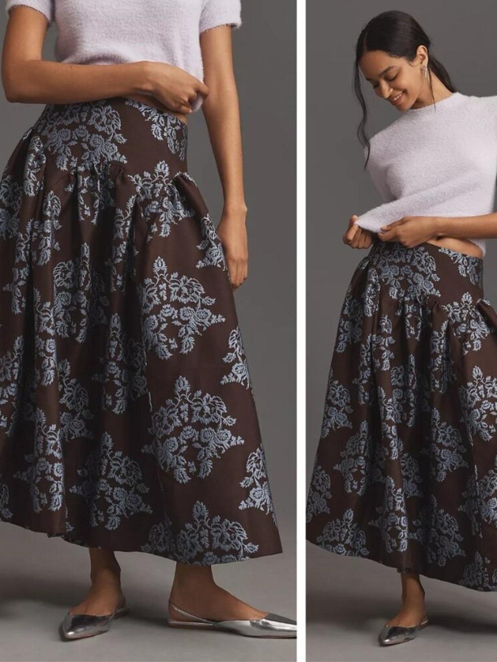 Anthropologie Brown Maxi Skirt with Light Blue Floral Jacquard